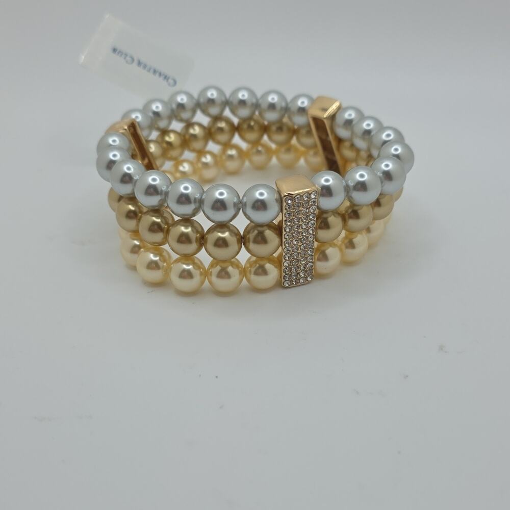 Charter Club Gold Silver Cream Beaded Bracelet Imitation Pearl Crystal Pavé